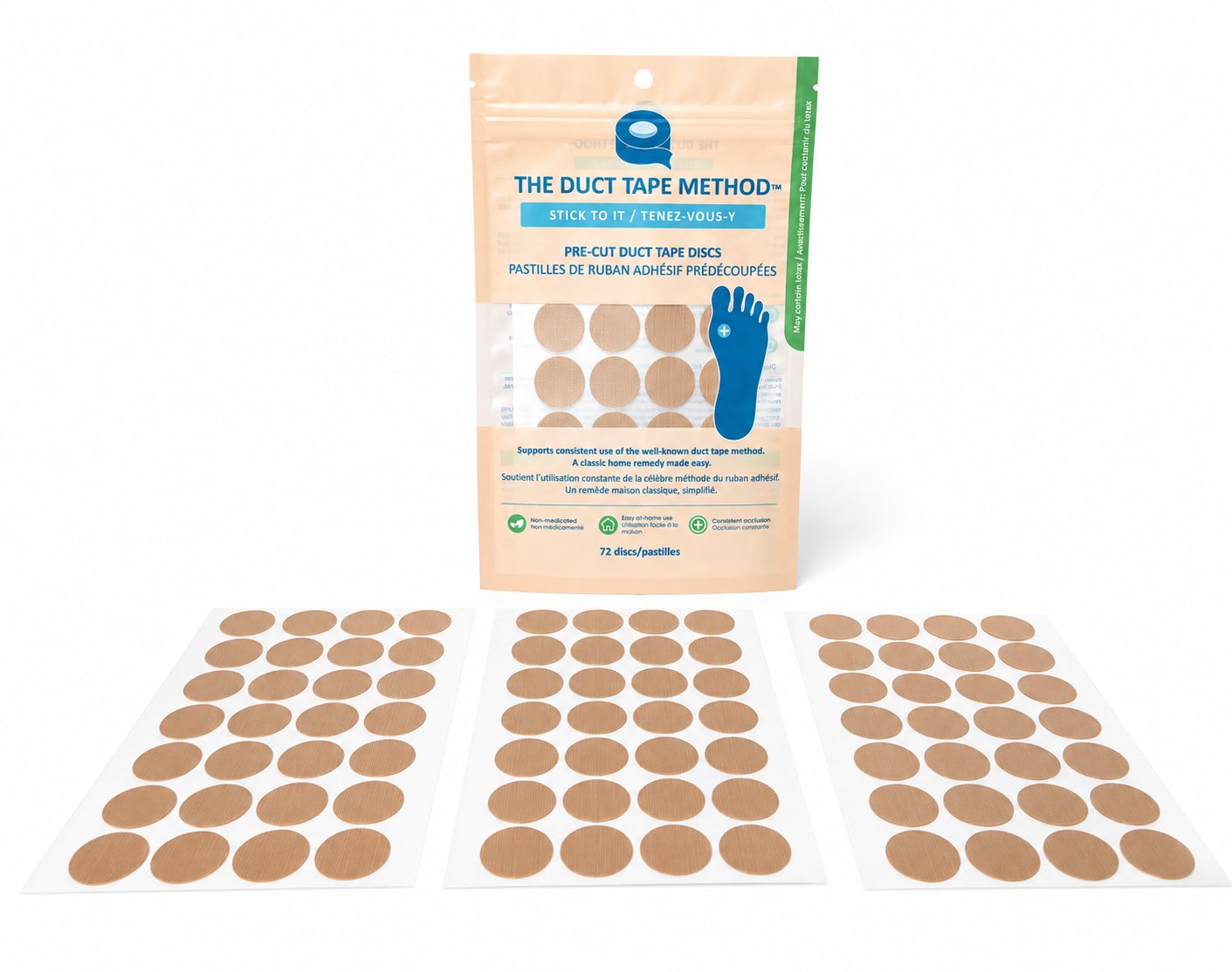 Packaging of The Duct Tape Method with pre-cut duct tape discs displayed on a white background