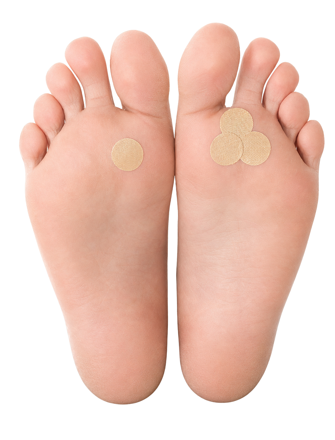 Two feet with Duct Tape Methiod adhesive patches on a white background